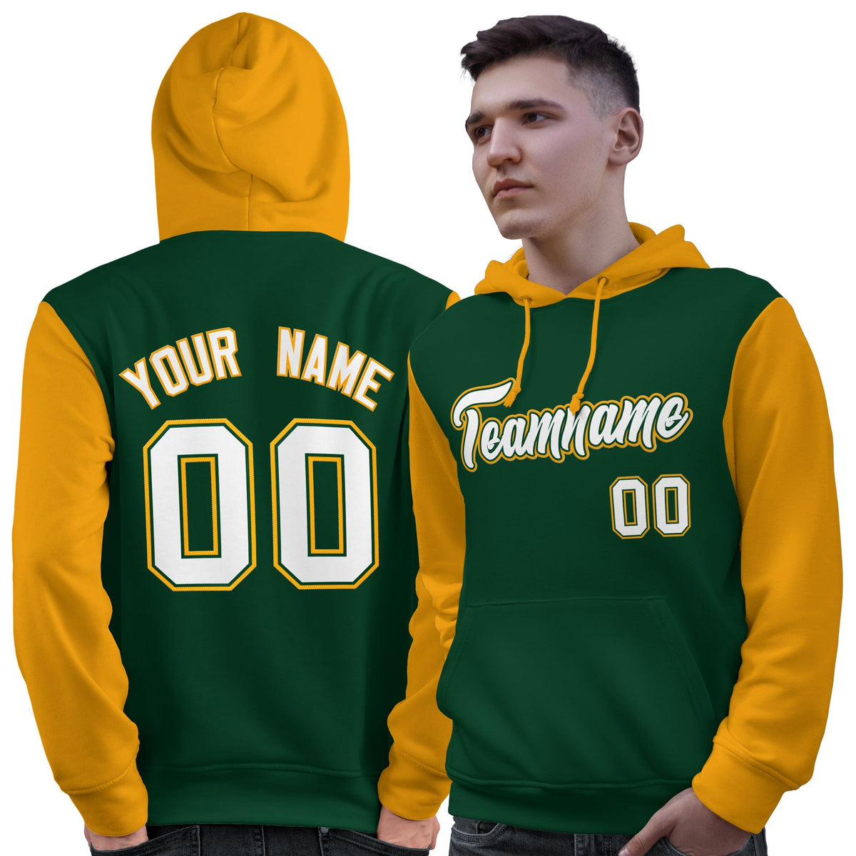 Custom Green White-Gold Raglan Sleeves Pullover Personalized Sweatshirt Hoodie| KXKSHOP