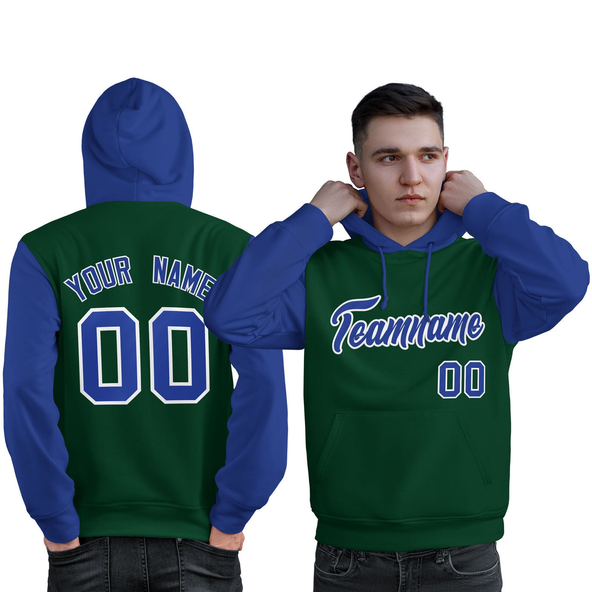 Custom Green Royal-White Raglan Sleeves Pullover Personalized Sweatshirt Hoodie| KXKSHOP