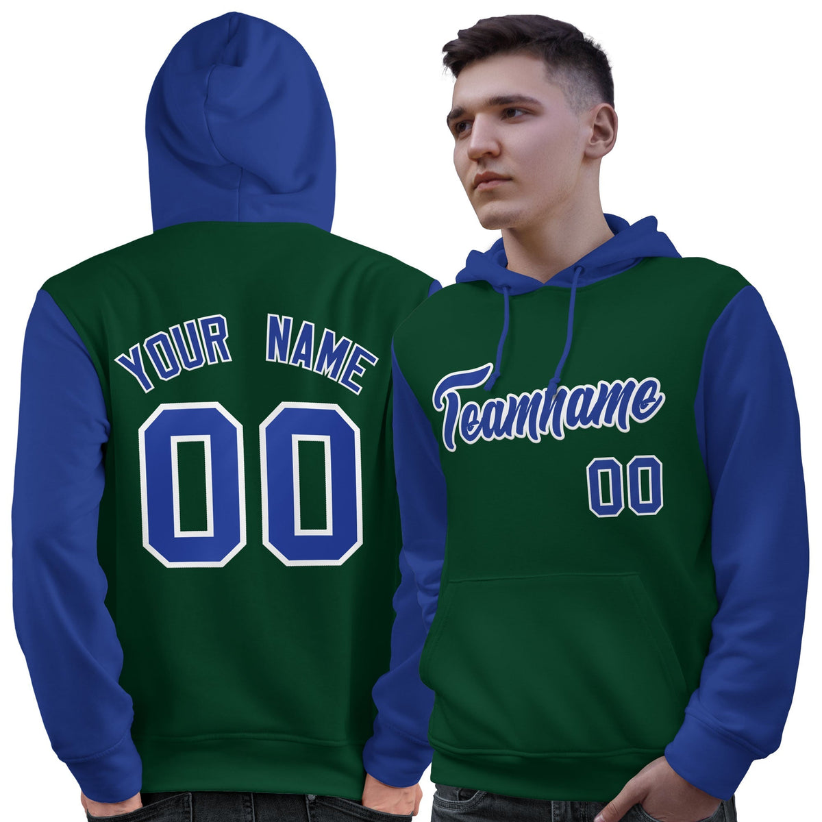 Custom Green Royal-White Raglan Sleeves Pullover Personalized Sweatshirt Hoodie| KXKSHOP