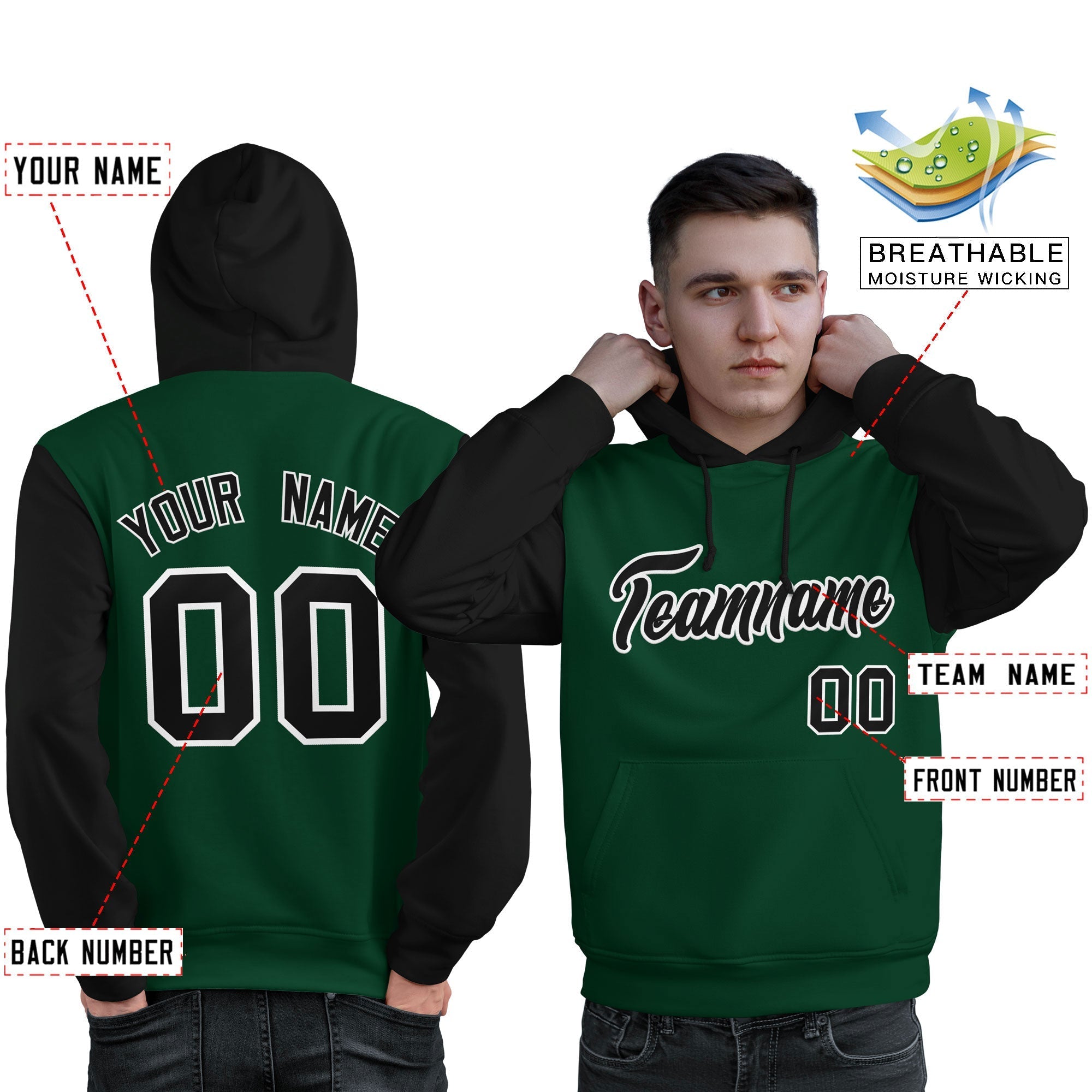 Custom Green Black-White Raglan Sleeves Pullover Personalized Sweatshirt Hoodie| KXKSHOP
