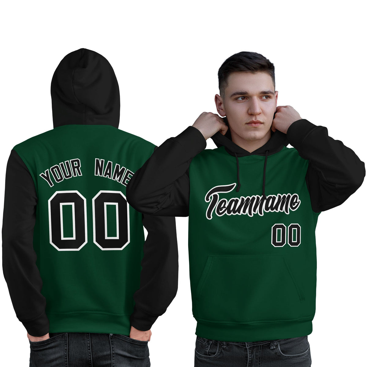 Custom Green Black-White Raglan Sleeves Pullover Personalized Sweatshirt Hoodie| KXKSHOP