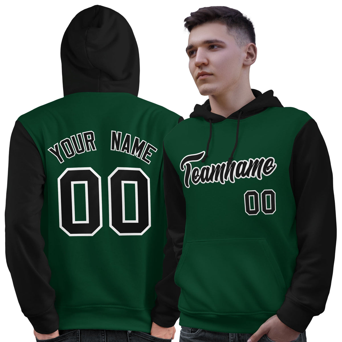 Custom Green Black-White Raglan Sleeves Pullover Personalized Sweatshirt Hoodie| KXKSHOP
