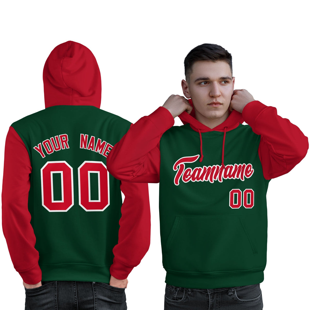 Custom Green Red-White Raglan Sleeves Pullover Personalized Sweatshirt Hoodie| KXKSHOP