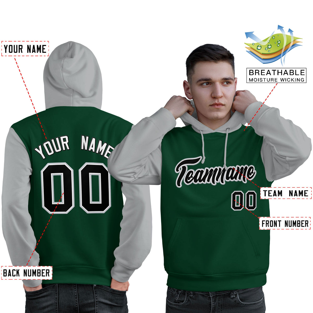 Custom Green Black-Gray Raglan Sleeves Pullover Personalized Sweatshirt Hoodie| KXKSHOP