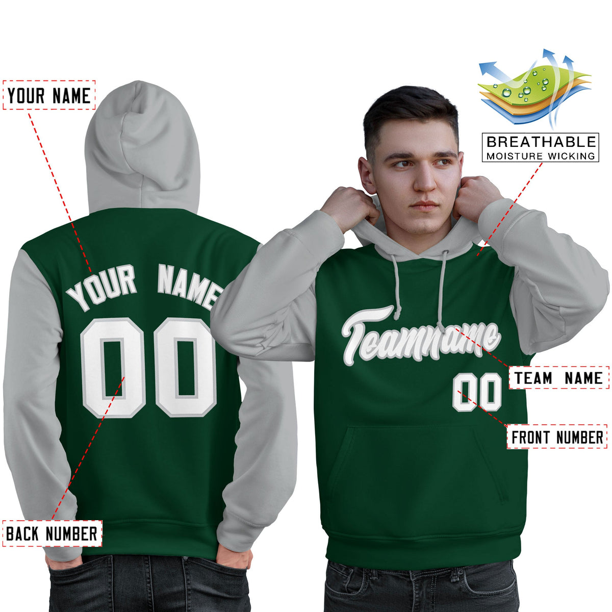 Custom Green White-Gray Raglan Sleeves Pullover Personalized Sweatshirt Hoodie| KXKSHOP