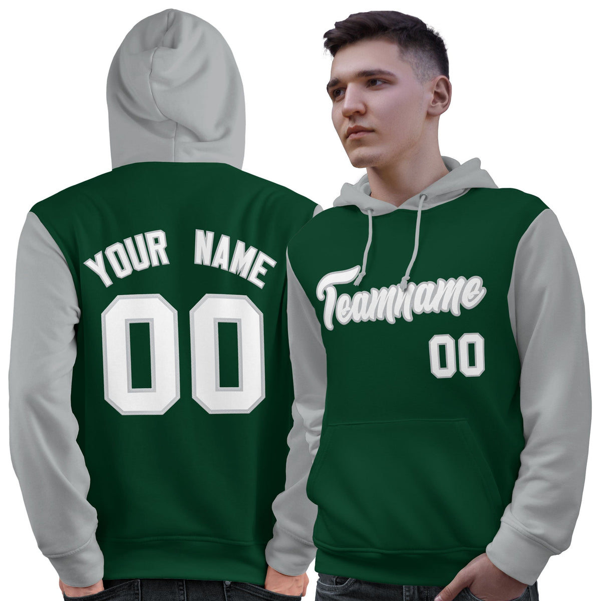 Custom Green White-Gray Raglan Sleeves Pullover Personalized Sweatshirt Hoodie| KXKSHOP