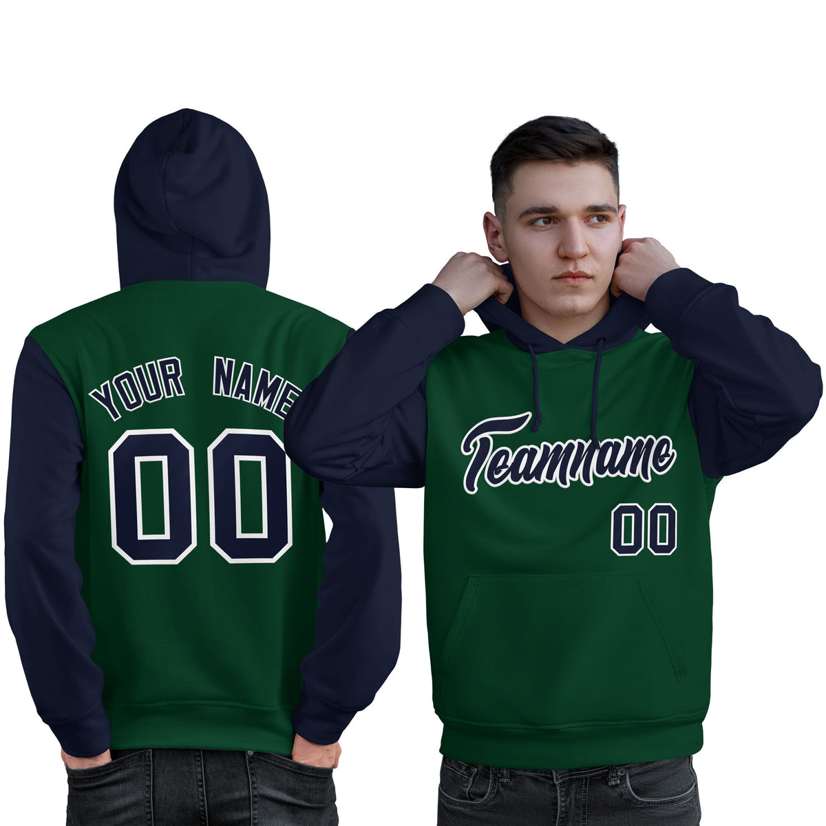 Custom Green Navy-White Raglan Sleeves Pullover Personalized Sweatshirt Hoodie| KXKSHOP
