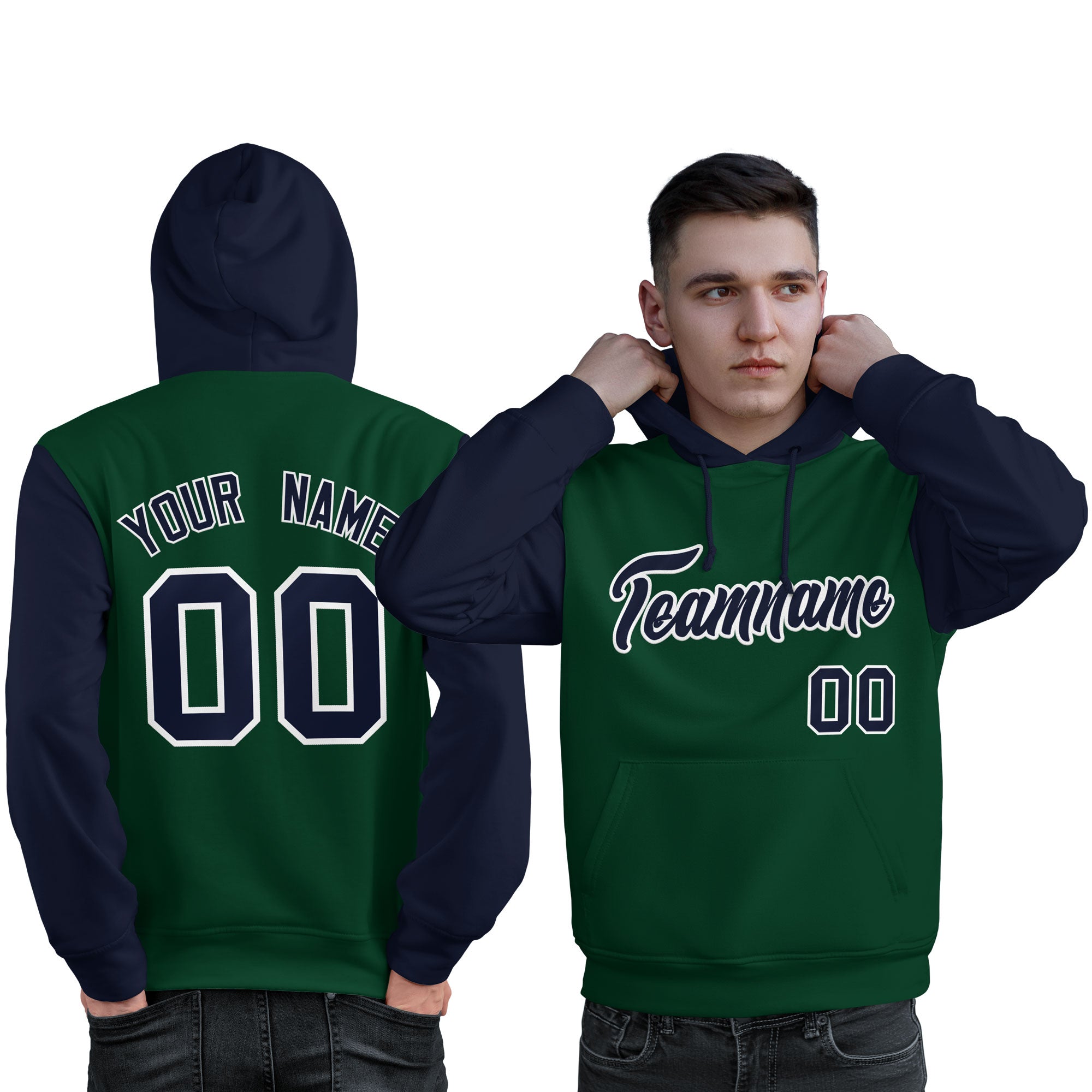Custom Green Navy-White Raglan Sleeves Pullover Personalized Sweatshirt Hoodie| KXKSHOP