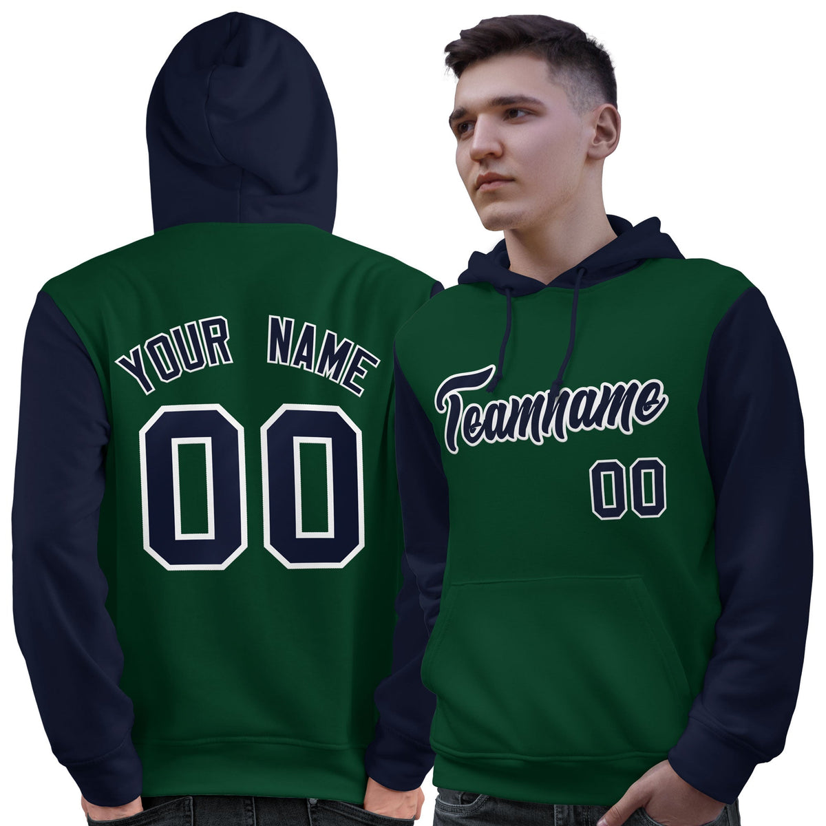 Custom Green Navy-White Raglan Sleeves Pullover Personalized Sweatshirt Hoodie| KXKSHOP