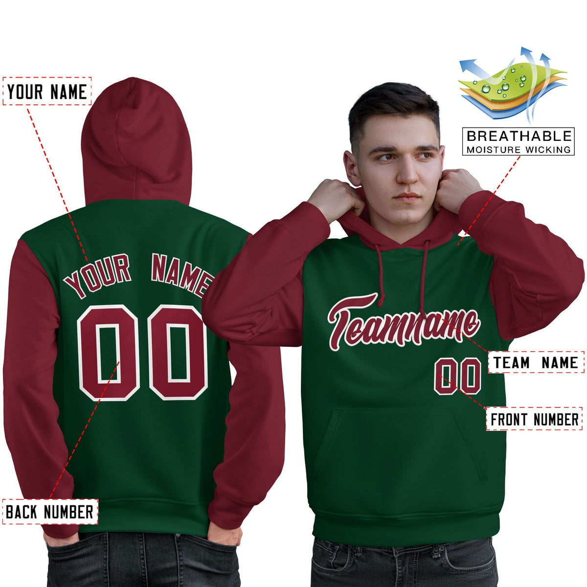 Custom Green Crimson-White Raglan Sleeves Pullover Personalized Sweatshirt Hoodie| KXKSHOP