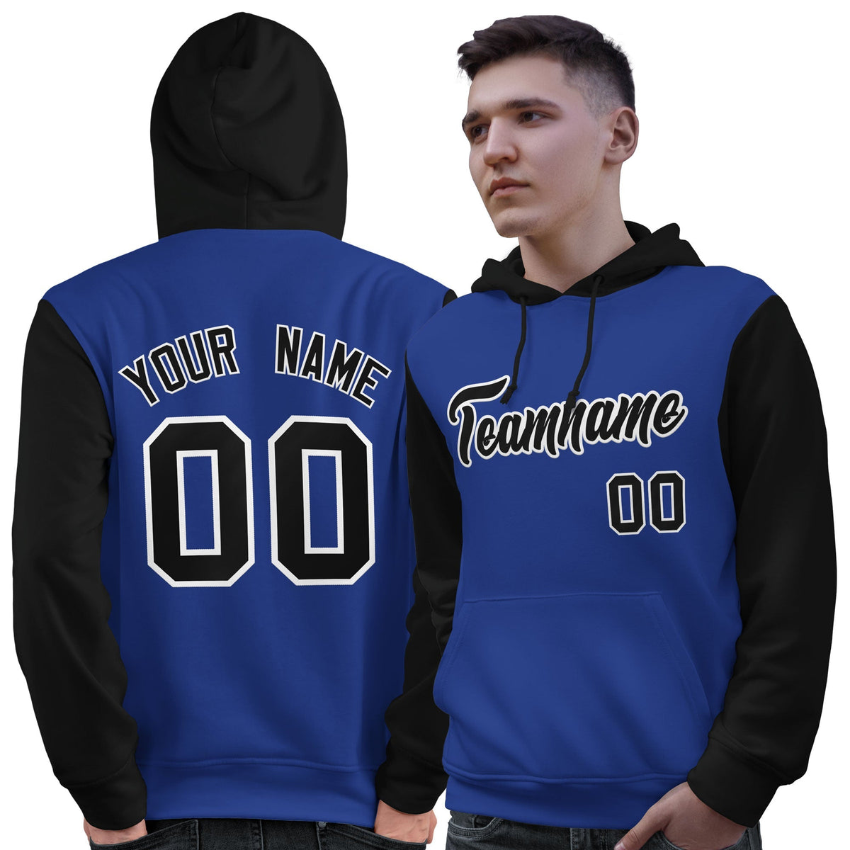 Custom Royal Black-White Raglan Sleeves Pullover Personalized Sweatshirt Hoodie| KXKSHOP