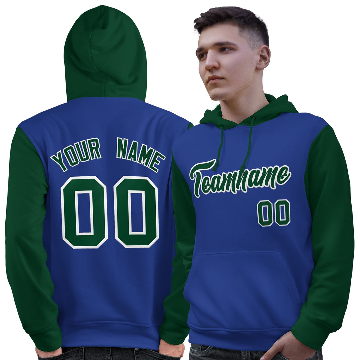 Custom Royal Green-White Raglan Sleeves Pullover Personalized Sweatshirt Hoodie| KXKSHOP