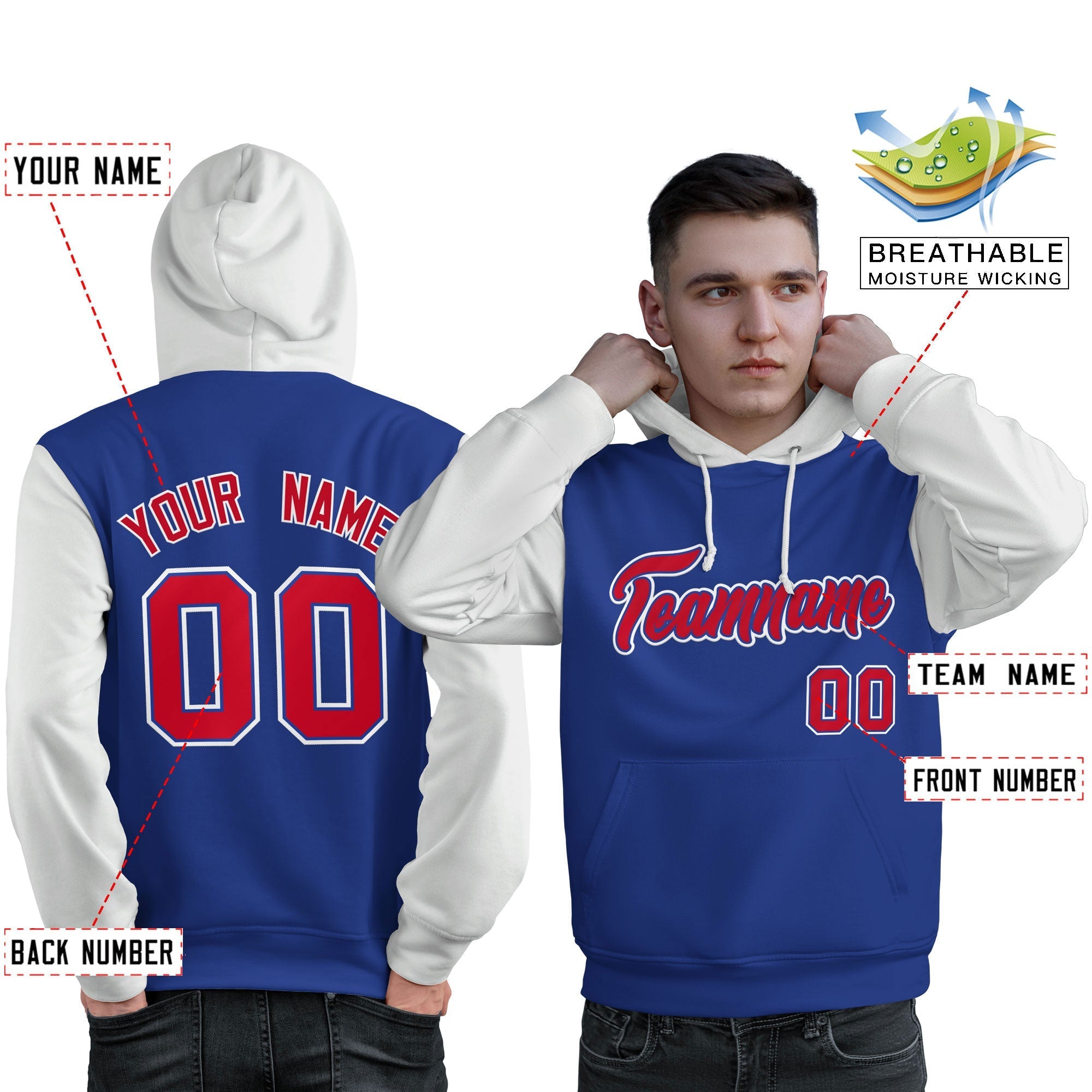 Custom Royal Red-White Raglan Sleeves Pullover Personalized Sweatshirt Hoodie| KXKSHOP