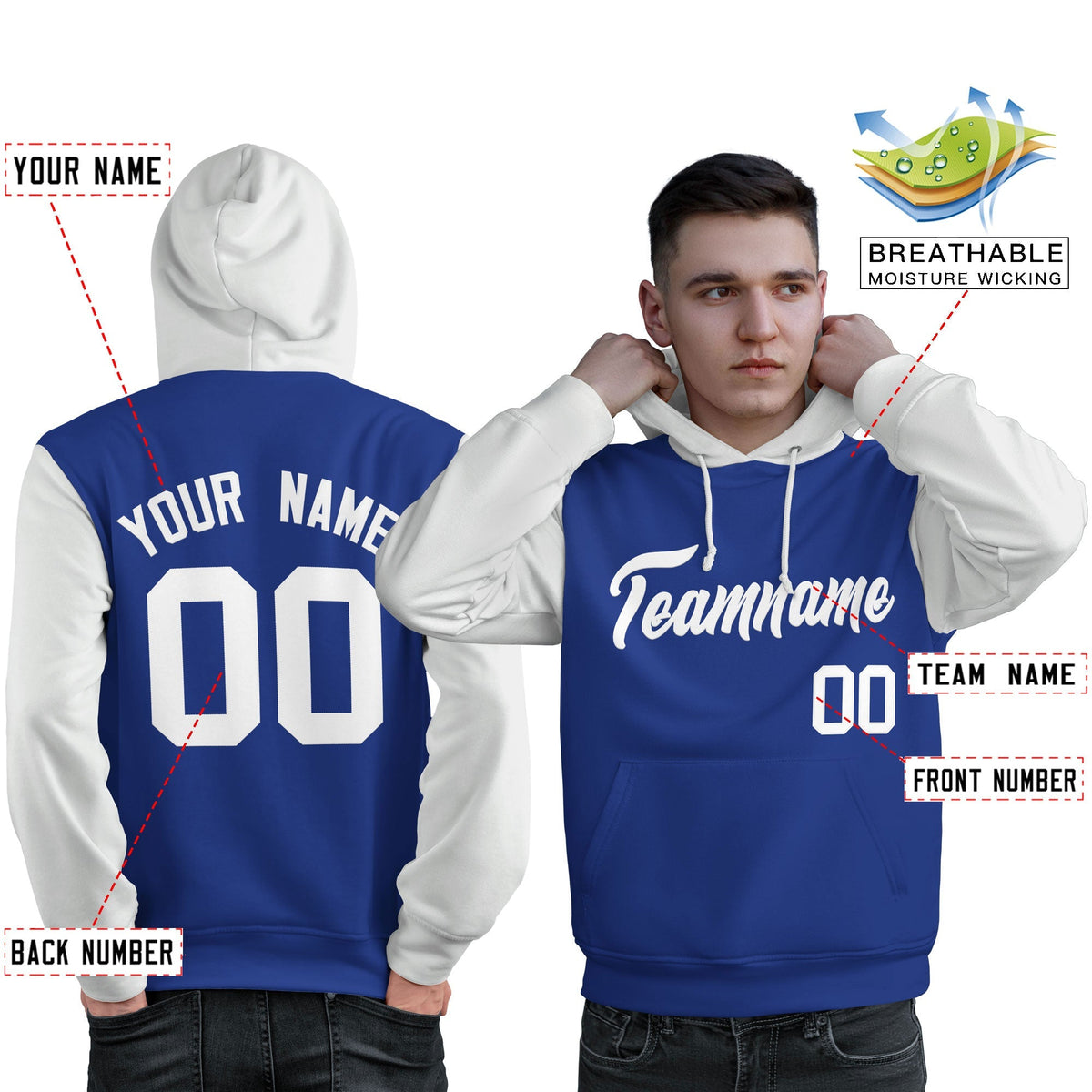 Custom Royal White Raglan Sleeves Pullover Personalized Sweatshirt Hoodie| KXKSHOP