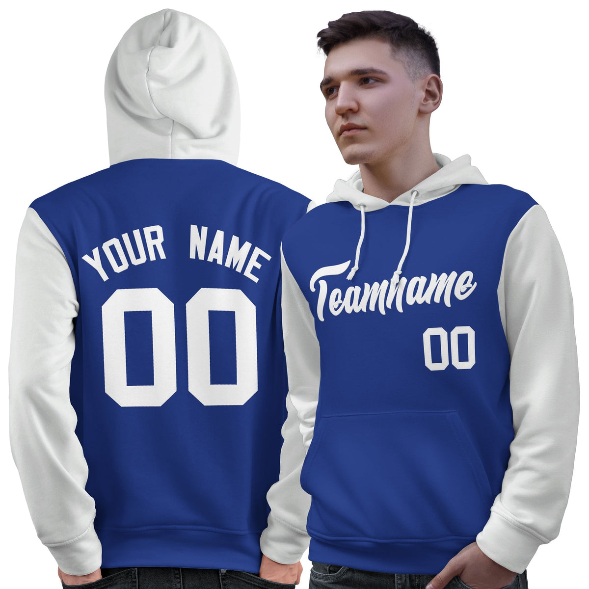 Custom Royal White Raglan Sleeves Pullover Personalized Sweatshirt Hoodie| KXKSHOP