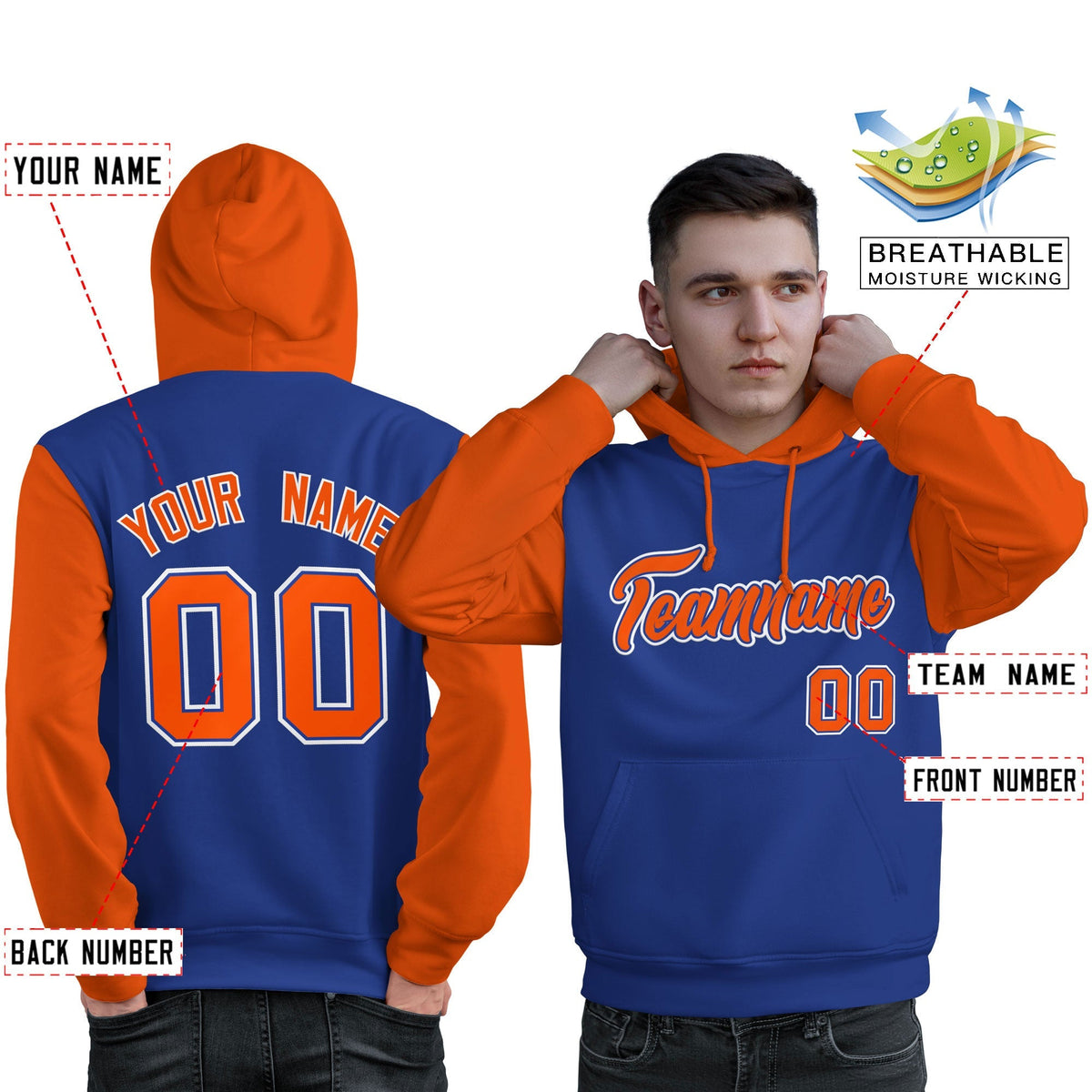 Custom Royal Orange-White Raglan Sleeves Pullover Personalized Sweatshirt Hoodie| KXKSHOP