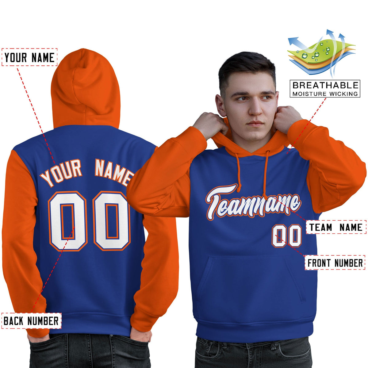 Custom Royal White-Orange Raglan Sleeves Pullover Personalized Sweatshirt Hoodie| KXKSHOP