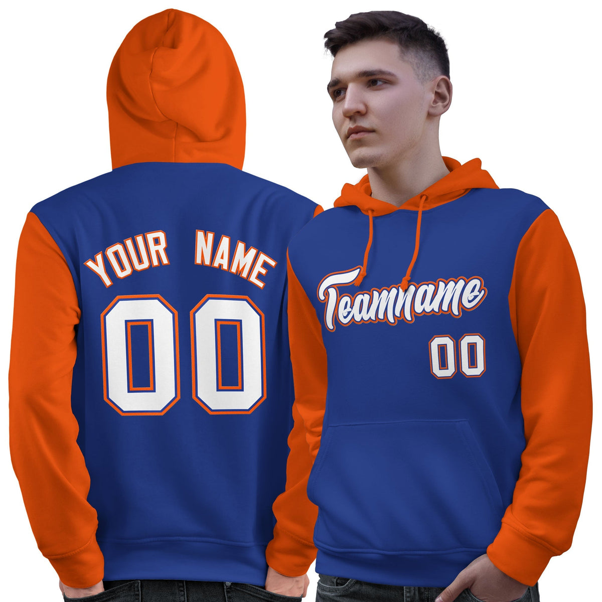 Custom Royal White-Orange Raglan Sleeves Pullover Personalized Sweatshirt Hoodie| KXKSHOP