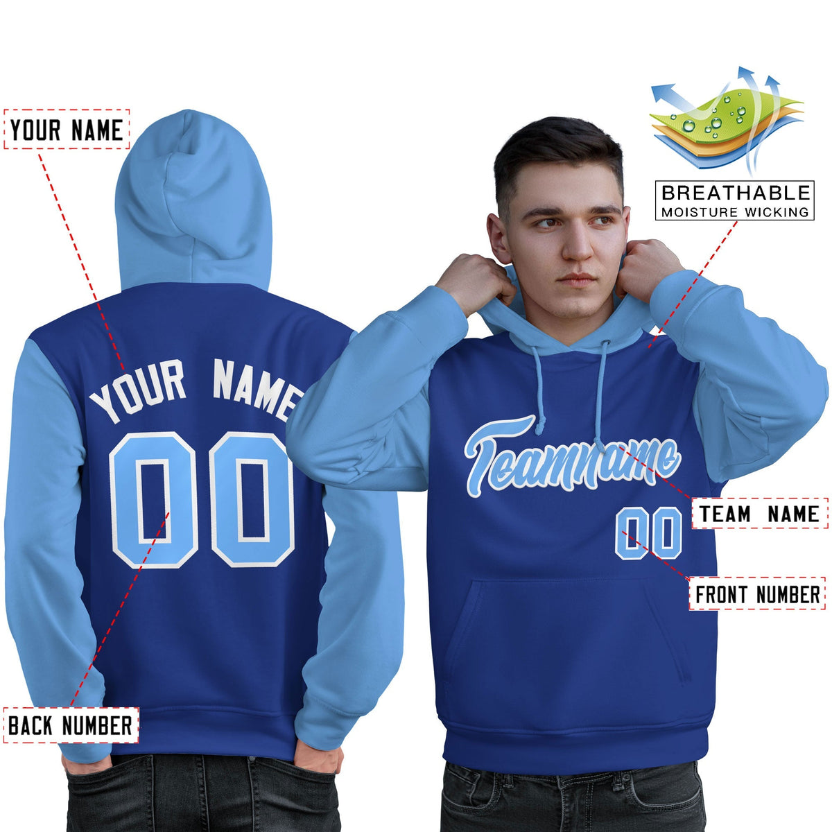 Custom Royal Light Blue-White Raglan Sleeves Pullover Personalized Sweatshirt Hoodie| KXKSHOP