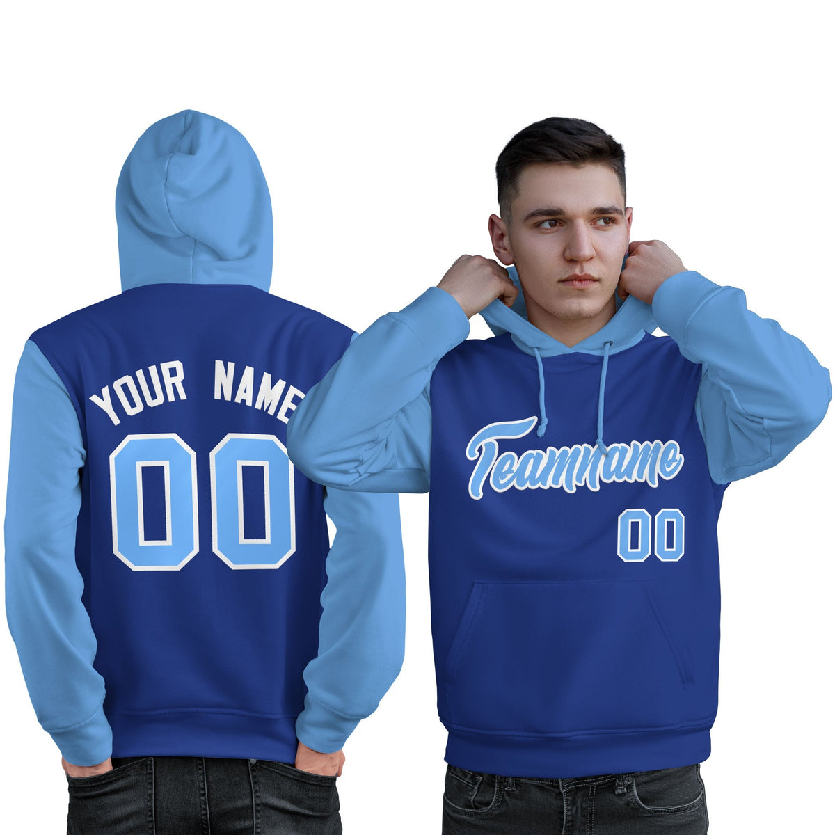 Custom Royal Light Blue-White Raglan Sleeves Pullover Personalized Sweatshirt Hoodie| KXKSHOP