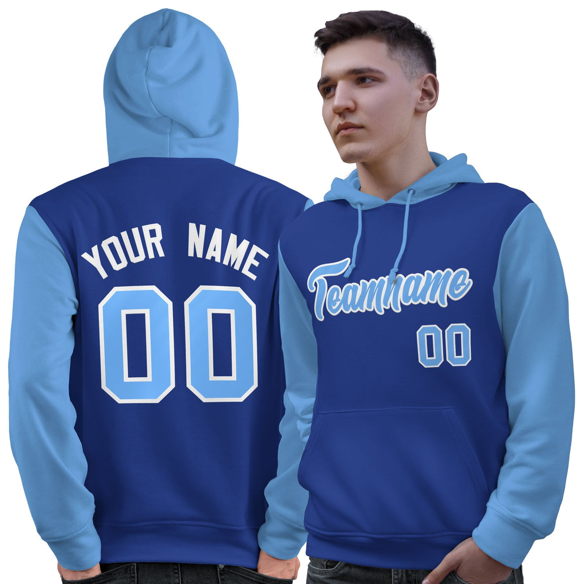 Custom Royal Light Blue-White Raglan Sleeves Pullover Personalized Sweatshirt Hoodie| KXKSHOP