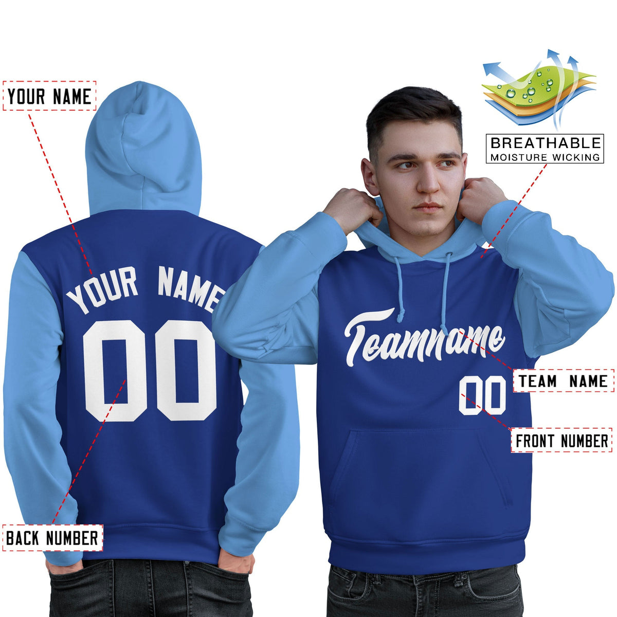 Custom Royal White-Light Blue Raglan Sleeves Pullover Personalized Sweatshirt Hoodie| KXKSHOP