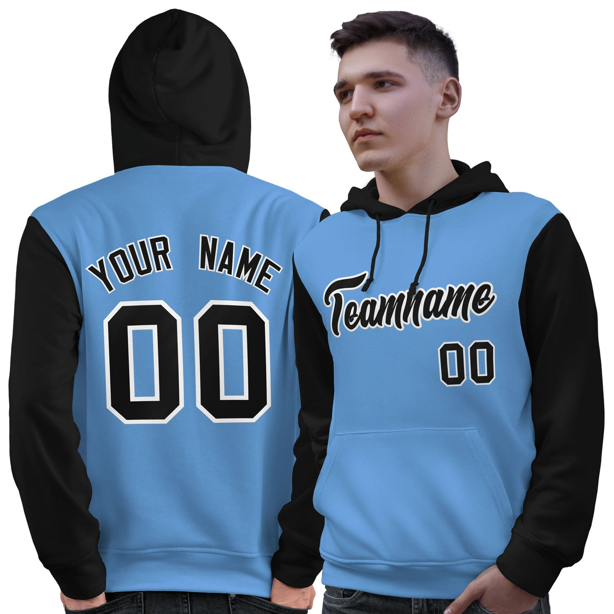 Custom Light Blue Black-White Raglan Sleeves Pullover Personalized Sweatshirt Hoodie| KXKSHOP