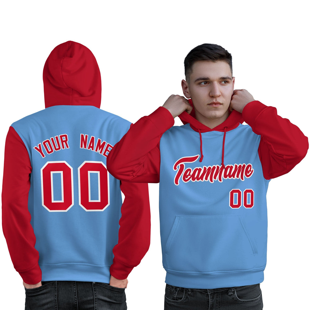 Custom Light Blue Red-White Raglan Sleeves Pullover Personalized Sweatshirt Hoodie| KXKSHOP