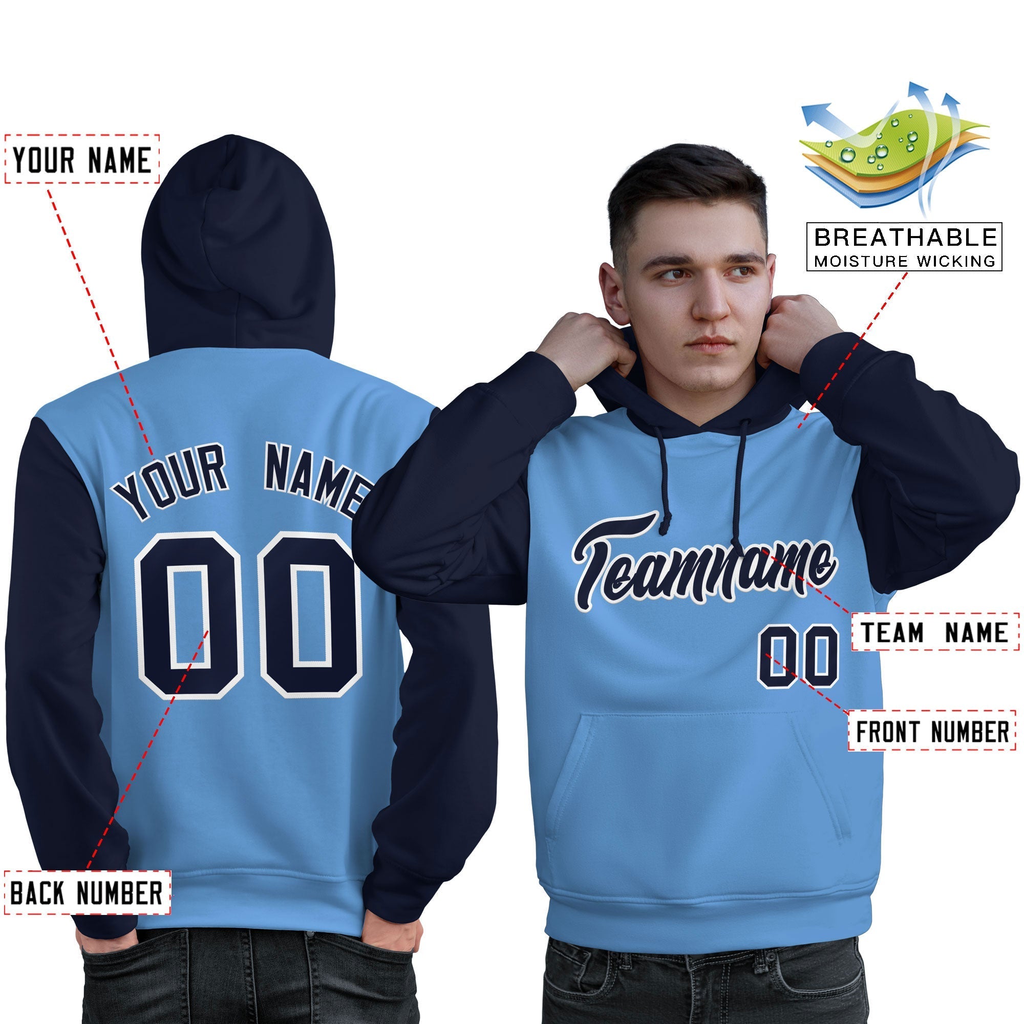 Custom Light Blue Navy-White Raglan Sleeves Pullover Personalized Sweatshirt Hoodie| KXKSHOP