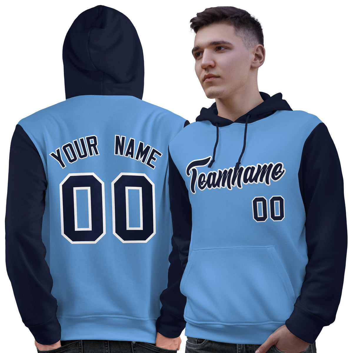 Custom Light Blue Navy-White Raglan Sleeves Pullover Personalized Sweatshirt Hoodie| KXKSHOP
