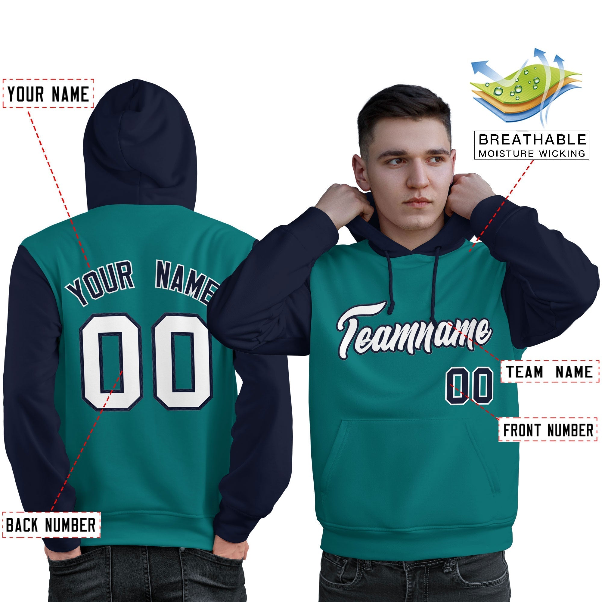 Custom Aqua White-Navy Raglan Sleeves Pullover Personalized Sweatshirt Hoodie| KXKSHOP