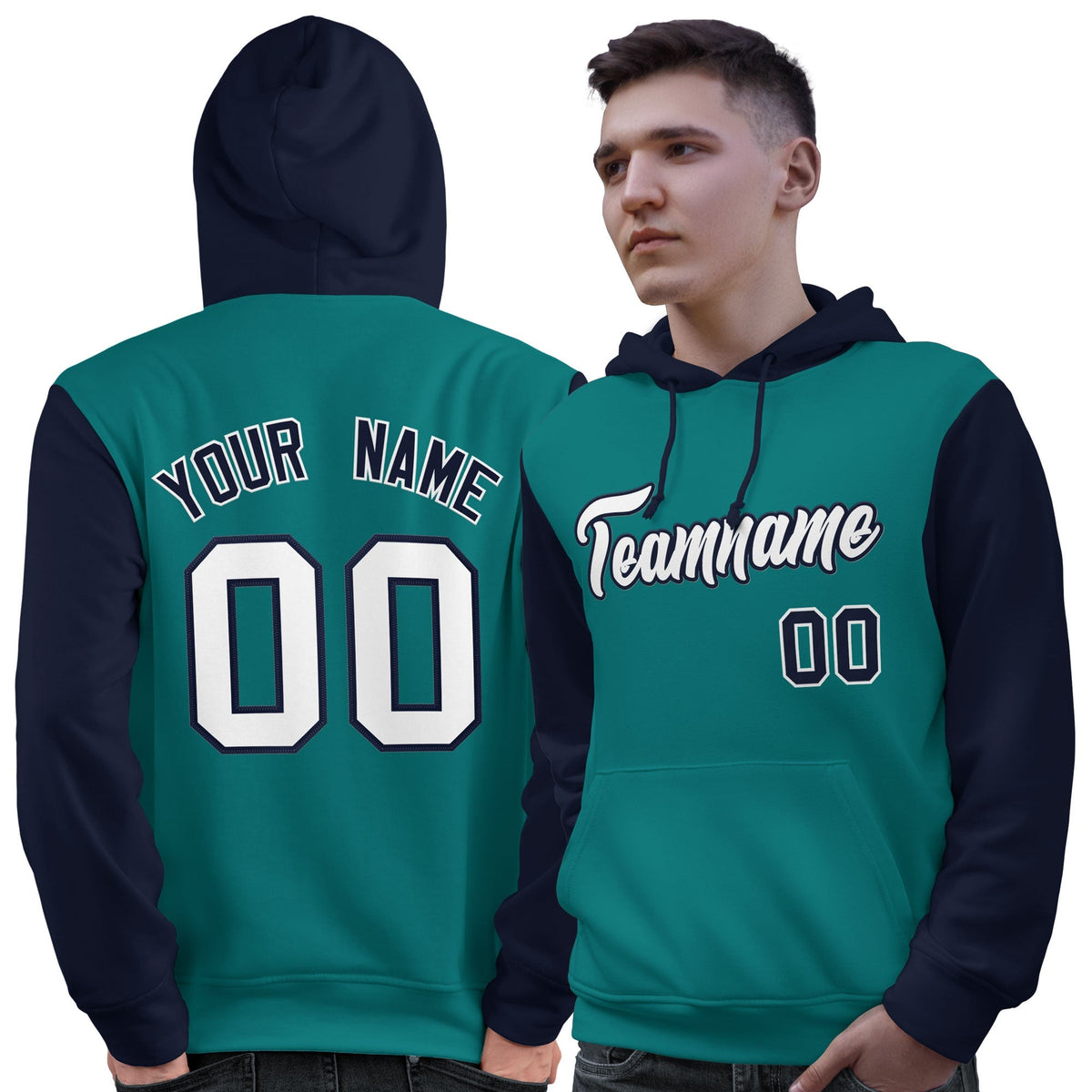 Custom Aqua White-Navy Raglan Sleeves Pullover Personalized Sweatshirt Hoodie| KXKSHOP