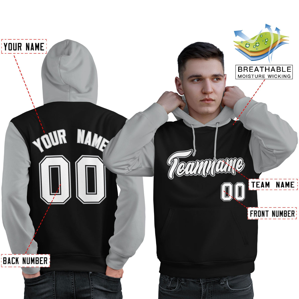 Custom Black White-Gray Raglan Sleeves Pullover Personalized Sweatshirt Hoodie| KXKSHOP