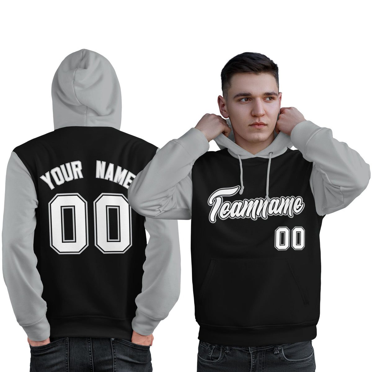 Custom Black White-Gray Raglan Sleeves Pullover Personalized Sweatshirt Hoodie| KXKSHOP