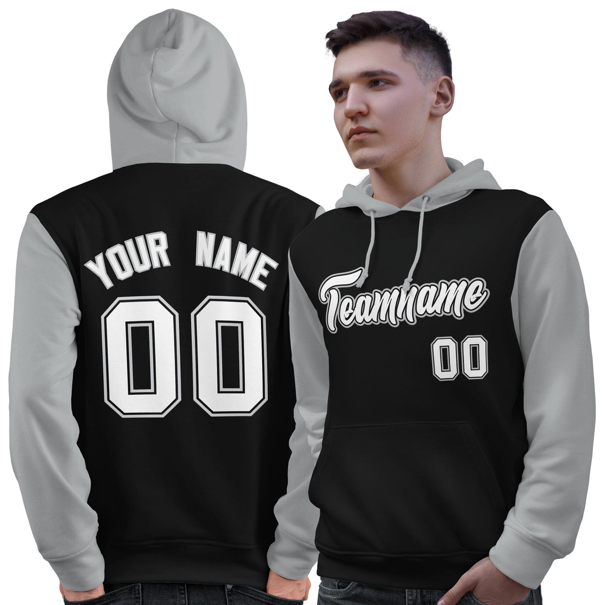 Custom Black White-Gray Raglan Sleeves Pullover Personalized Sweatshirt Hoodie| KXKSHOP