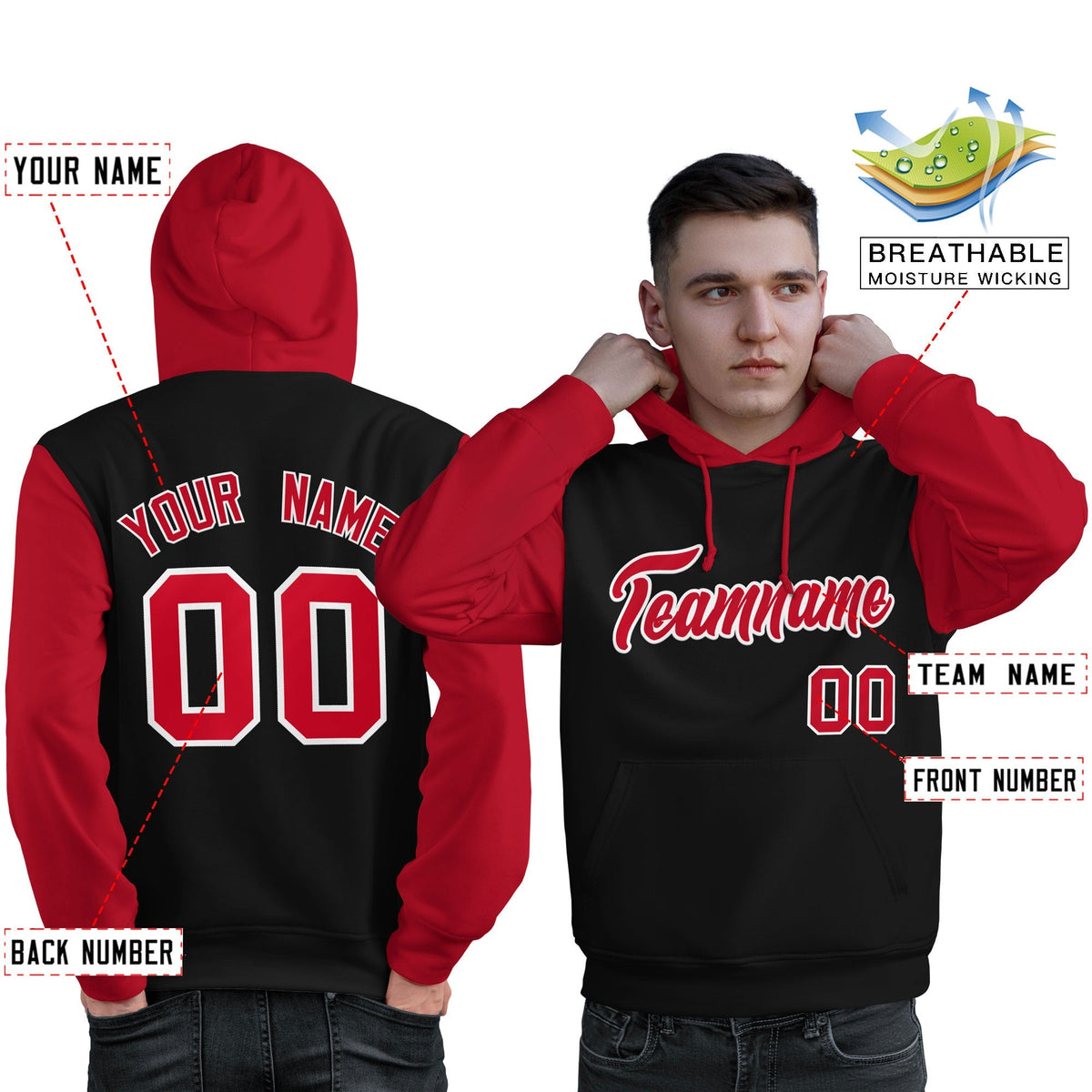 Custom Black Red-White Raglan Sleeves Pullover Personalized Sweatshirt Hoodie| KXKSHOP