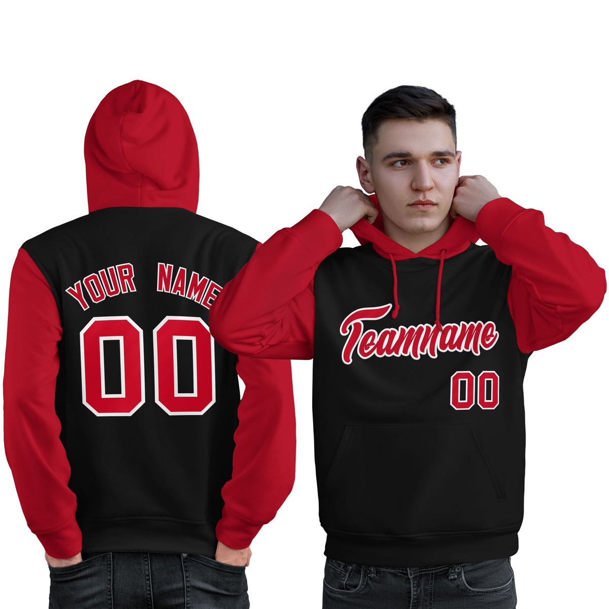 Custom Black Red-White Raglan Sleeves Pullover Personalized Sweatshirt Hoodie| KXKSHOP