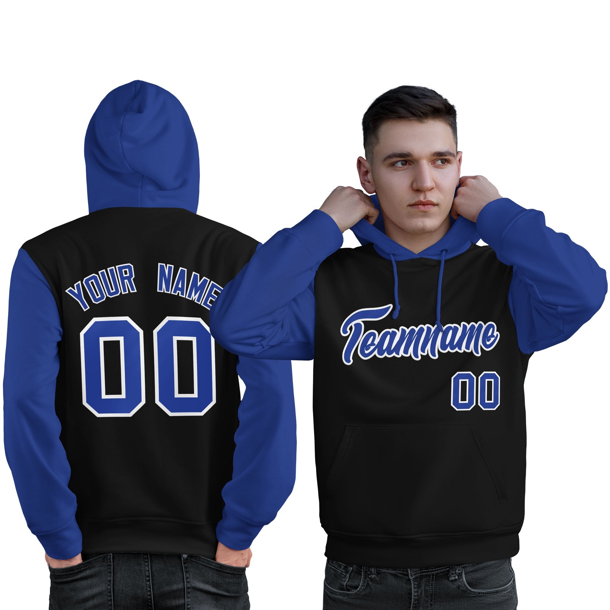 Custom Black Royal-White Raglan Sleeves Pullover Personalized Sweatshirt Hoodie| KXKSHOP