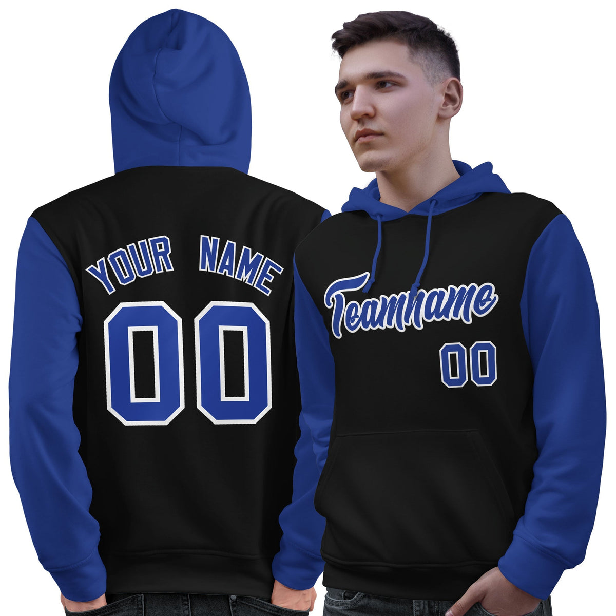 Custom Black Royal-White Raglan Sleeves Pullover Personalized Sweatshirt Hoodie| KXKSHOP