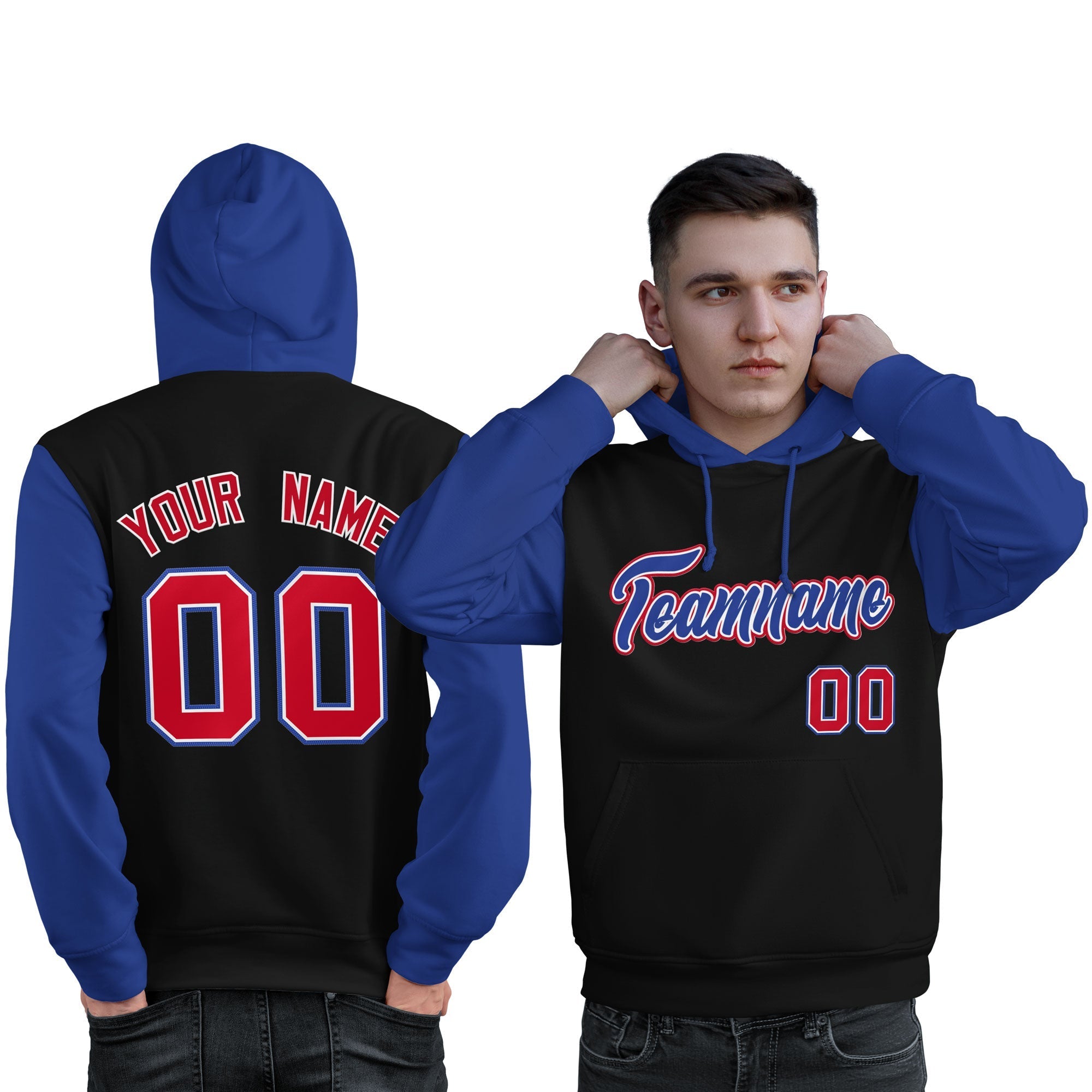 Custom Black Royal-Red Raglan Sleeves Pullover Personalized Sweatshirt Hoodie| KXKSHOP