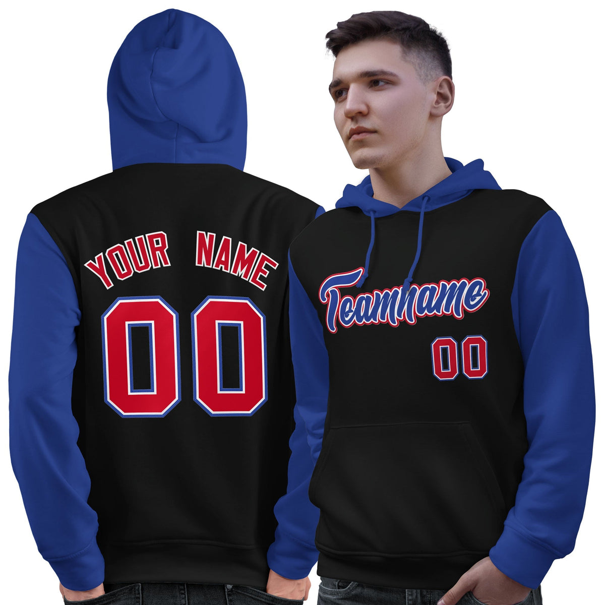 Custom Black Royal-Red Raglan Sleeves Pullover Personalized Sweatshirt Hoodie| KXKSHOP