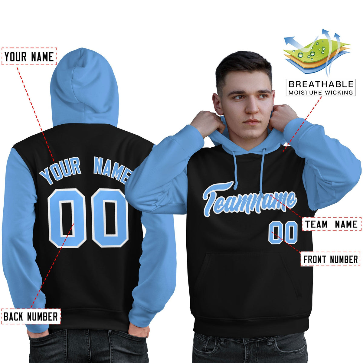Custom Black Light Blue-White Raglan Sleeves Pullover Personalized Sweatshirt Hoodie| KXKSHOP