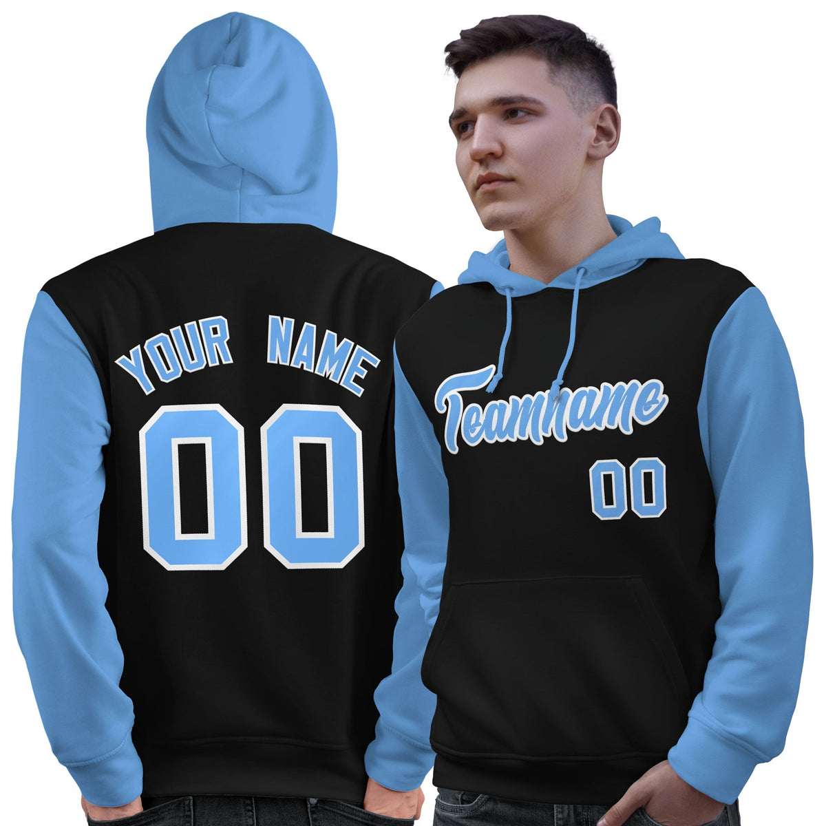 Custom Black Light Blue-White Raglan Sleeves Pullover Personalized Sweatshirt Hoodie| KXKSHOP