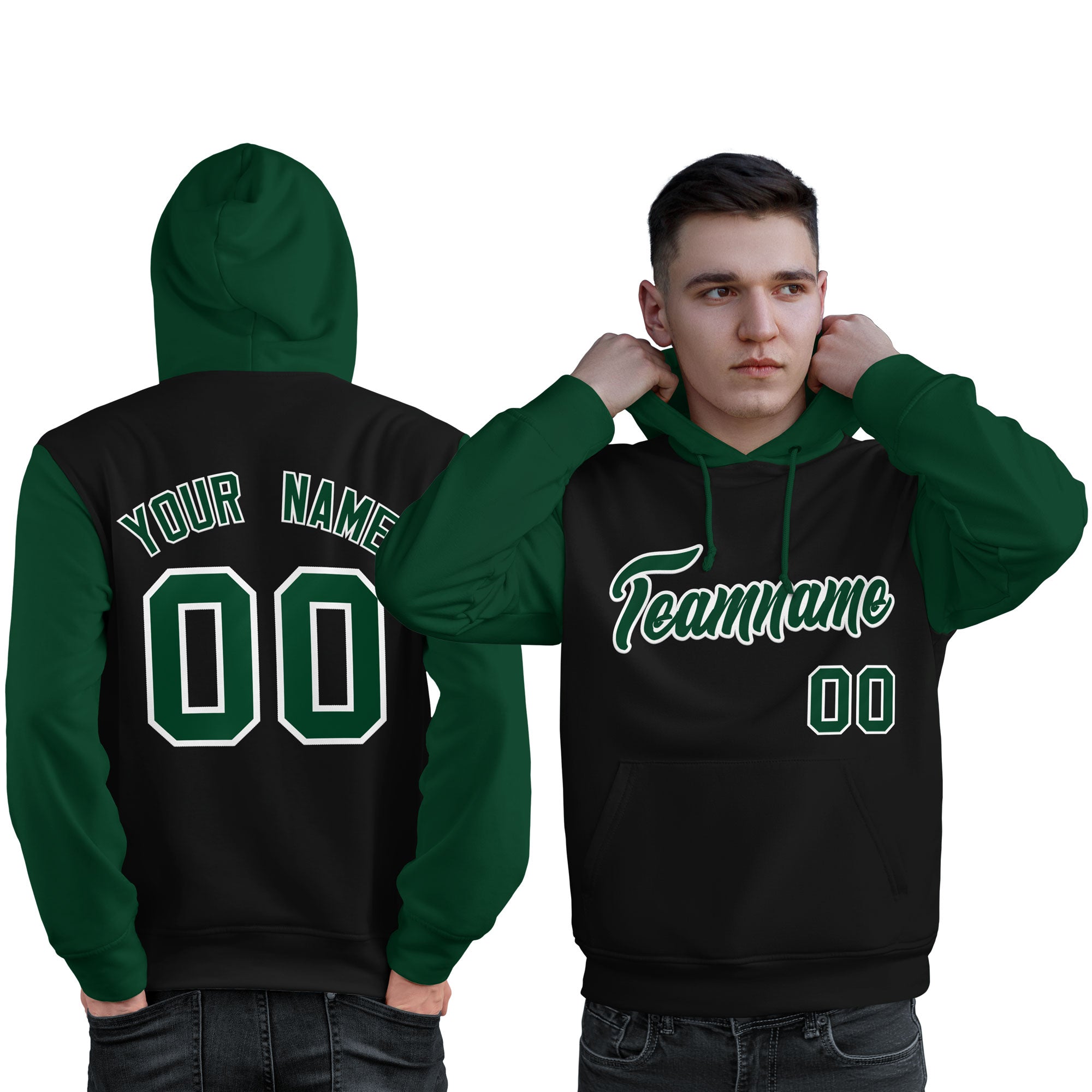 Custom Black Green-White Raglan Sleeves Pullover Personalized Sweatshirt Hoodie| KXKSHOP