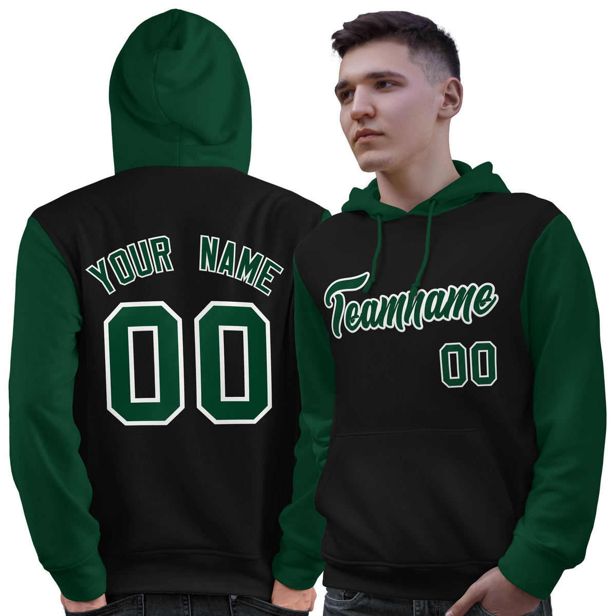 Custom Black Green-White Raglan Sleeves Pullover Personalized Sweatshirt Hoodie| KXKSHOP
