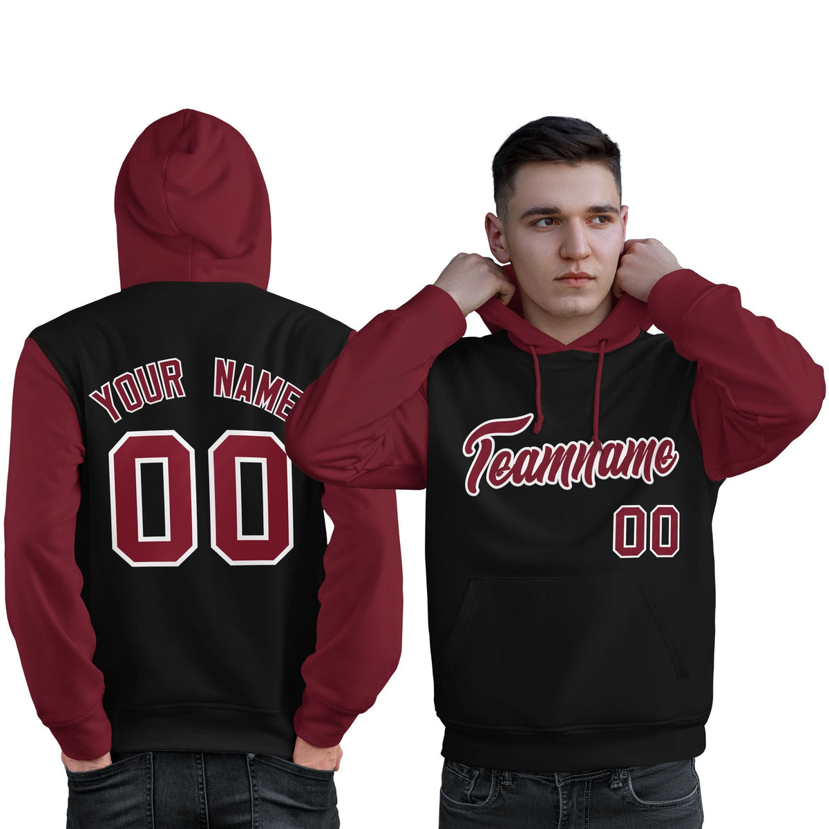 Custom Black Crimson-White Raglan Sleeves Pullover Personalized Sweatshirt Hoodie| KXKSHOP