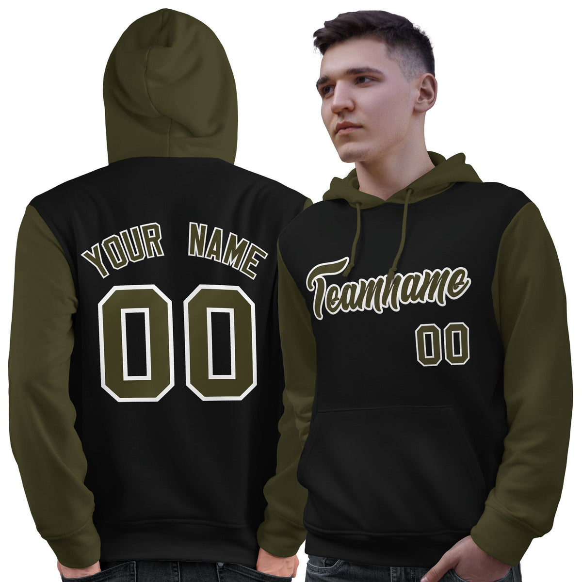 Custom Black Olive-White Raglan Sleeves Pullover Personalized Sweatshirt Hoodie| KXKSHOP
