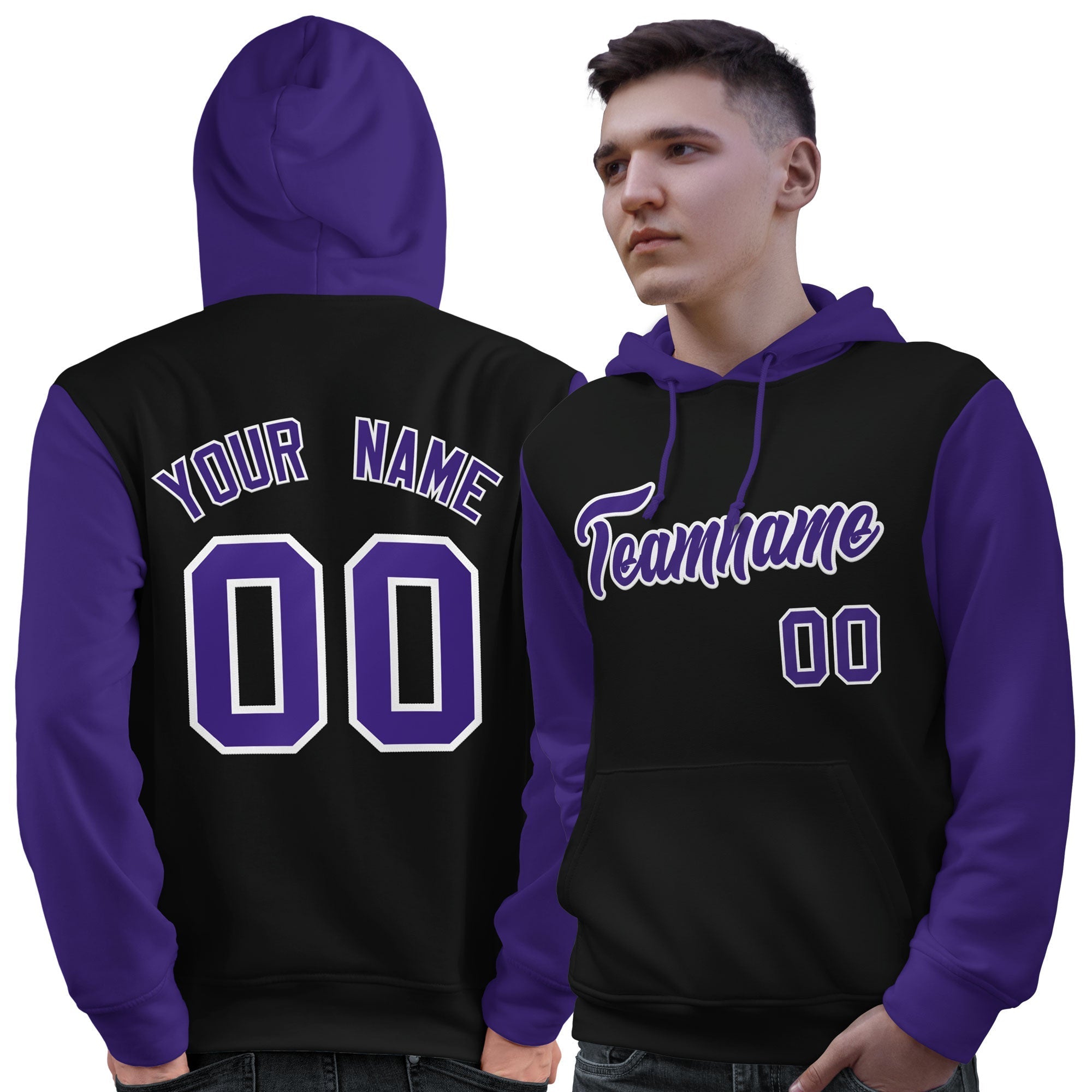 Custom Black Purple-White Raglan Sleeves Pullover Personalized Sweatshirt Hoodie| KXKSHOP