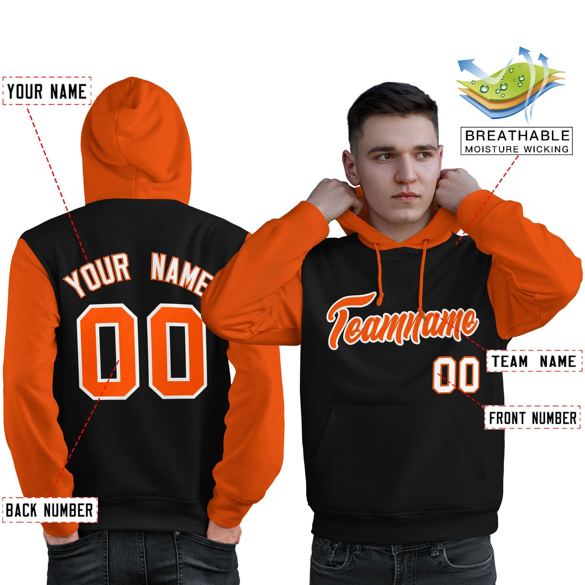 Custom Black Orange-White Raglan Sleeves Pullover Personalized Sweatshirt Hoodie| KXKSHOP