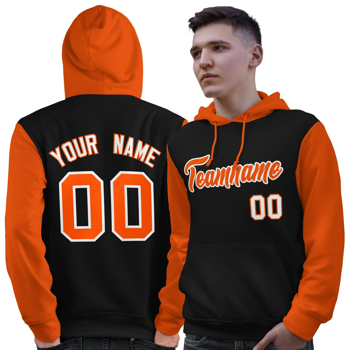 Custom Black Orange-White Raglan Sleeves Pullover Personalized Sweatshirt Hoodie| KXKSHOP